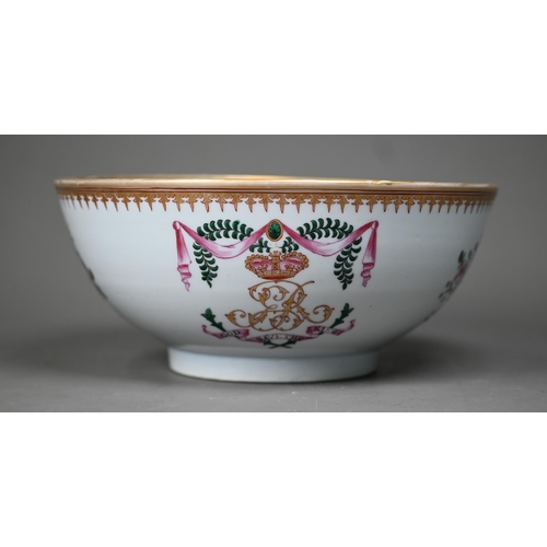 670 - A Samson of Paris porcelain punch-bowl in the Chinese armorial export manner, with floral painted de... 