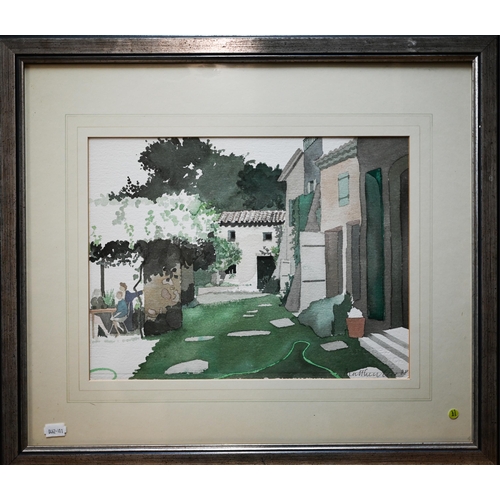 705 - Matthew Liu? - A Meal on the Terrace, watercolour, indistinctly signed and dated 1988, 27 x 37 cmPro... 