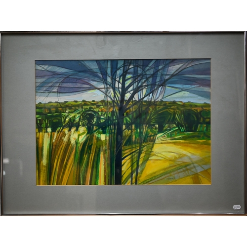 723 - Garrick Palmer (b 1933) - Fields and trees, watercolour/acrylic, signed, 42 x 58 cmARR applicable... 