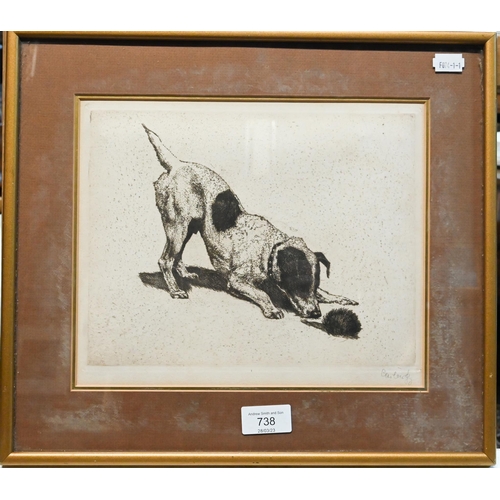 738 - A drypoint etching of a Jack Russell tormenting a hedgehog, pencil signed to lower margin, 20 x 25.5... 