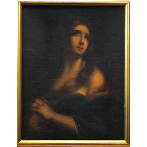 739 - A 19th century oil on canvas portrait of a female saint, 46 x 35 cm