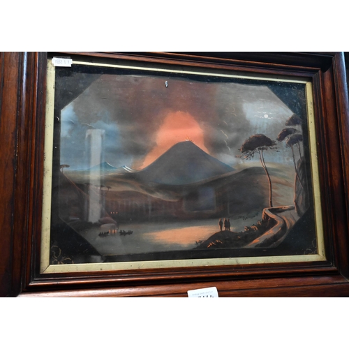 744 - 19th century Neapolitan school - A pair of studies of Vesuvius erupting at night, with figures watch... 