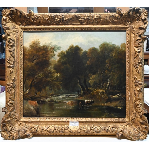 746 - Circle of Gainsborough - Cattle in a river in a wooded landscape, oil on canvas, 37 x 43 cm