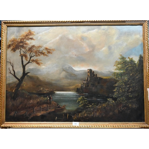 760 - 19th century English school - Landscape of ruined castle under stormy sky before lake, oil on canvas... 