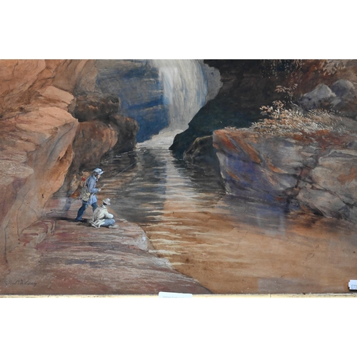 762 - T Lindsay (1793-1861) - Fisherman and a seated gillie in a gorge, watercolour, signed, 60 x 45 cm, p... 