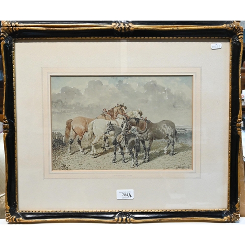 784 - J F Herring Jr (1815-1907) - A pair of studies of horse and ponies in a landscape, watercolour, sign... 