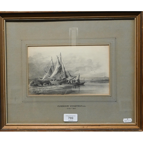 789 - Clarkson Stanfield (1793-1867) - Pencil study of fishing smacks on the coast, signed indistinctly, 1... 