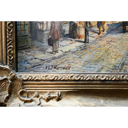 797 - M J Rendell - A busy street view, oil on board, signed lower left, 38.5 x 48.5 cm