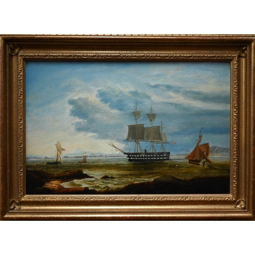 799 - 19th century Scottish school - A moored steam frigate, oil on canvas, 29 x 44 cm