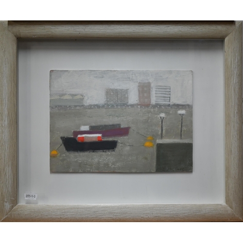 807 - Emma McClure (b 1962) - 'Boats near the Thames Barrier', oil on board, signed, 19 x 27 cmARR applica... 