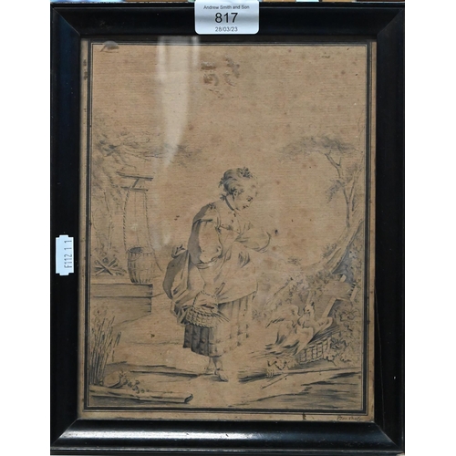 817 - François Boucher (1703-1770) - A pen and ink sketch of a peasant woman in a landscape, signed lower ... 