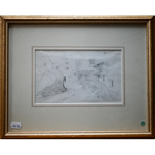 848 - Follower of David Cox OWS (1783-1859) - 'A Village in Somerset', pencil, indistinctly inscribed vers... 