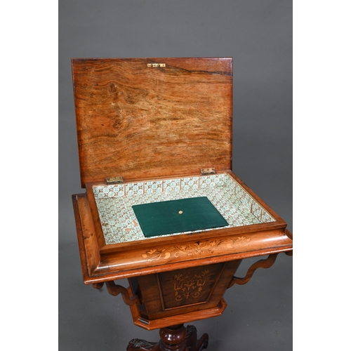 915 - Victorian inlaid mahogany work table, the interior paper lined, raised on hip carved quad legs to br... 