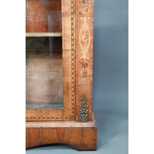 927 - A Victorian floral marquetry inlaid walnut display cabinet, with pair of glazed-in doors enclosing a... 