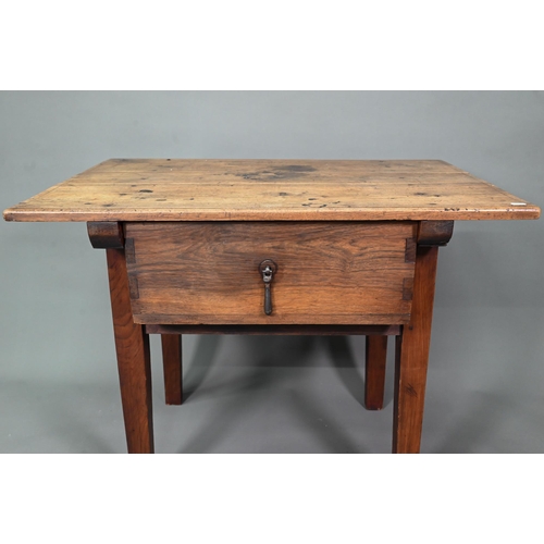 934 - An antique provincial French table with single deep drawer, rasied on square legs, 94 cm w x 66 cm x... 