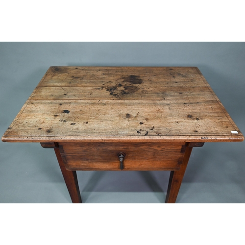 934 - An antique provincial French table with single deep drawer, rasied on square legs, 94 cm w x 66 cm x... 