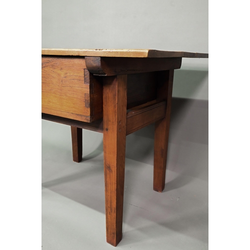 934 - An antique provincial French table with single deep drawer, rasied on square legs, 94 cm w x 66 cm x... 