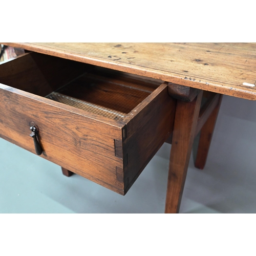 934 - An antique provincial French table with single deep drawer, rasied on square legs, 94 cm w x 66 cm x... 