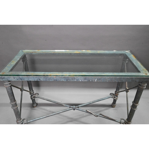 936 - A contemporary heavy cast iron framed glass top console table, 107 cm x 45 cm x 74 cm h (weathered a... 