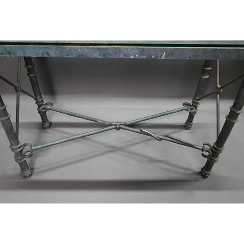 936 - A contemporary heavy cast iron framed glass top console table, 107 cm x 45 cm x 74 cm h (weathered a... 