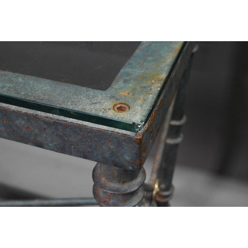 936 - A contemporary heavy cast iron framed glass top console table, 107 cm x 45 cm x 74 cm h (weathered a... 