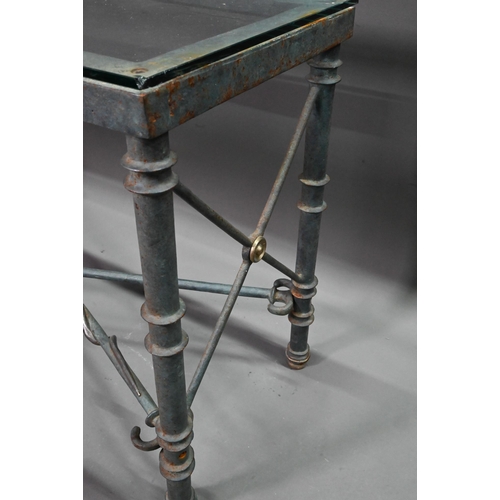 936 - A contemporary heavy cast iron framed glass top console table, 107 cm x 45 cm x 74 cm h (weathered a... 