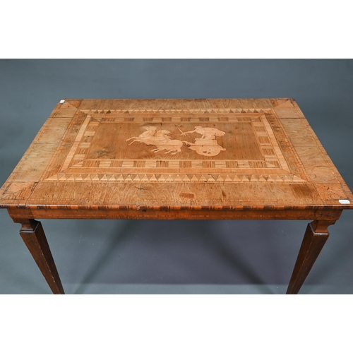 937 - An antique Italian low side table, the marquetry top centred  with a Roman chariot design, raised on... 