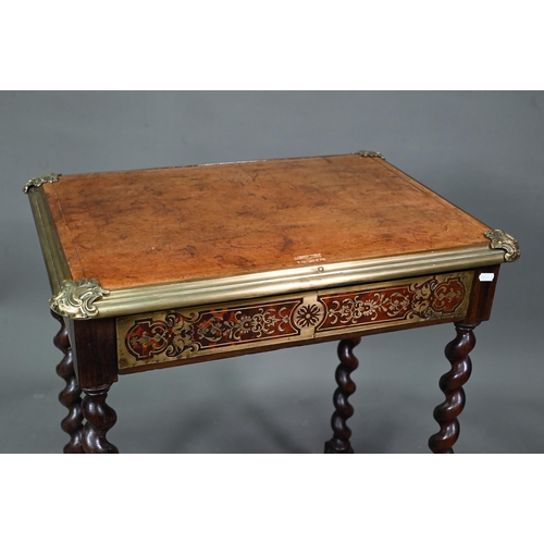 942 - A Victorian brass mounted leather top Boulle panelled writing table, with frieze drawer, raised on b... 