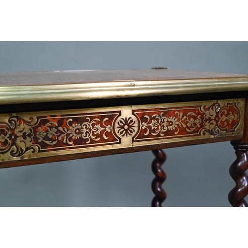 942 - A Victorian brass mounted leather top Boulle panelled writing table, with frieze drawer, raised on b... 