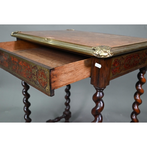 942 - A Victorian brass mounted leather top Boulle panelled writing table, with frieze drawer, raised on b... 