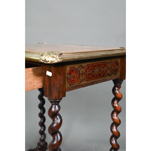 942 - A Victorian brass mounted leather top Boulle panelled writing table, with frieze drawer, raised on b... 