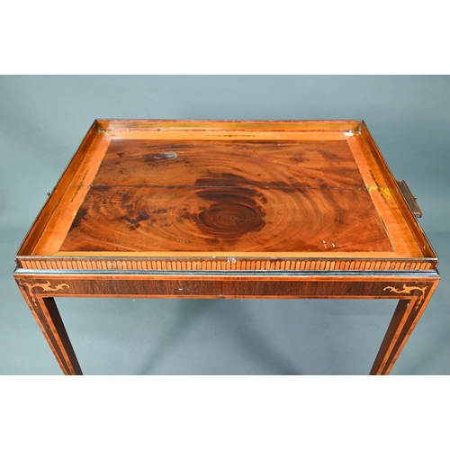 947 - A Sheraton period inlaid tray top satinwood silver table, with slide to each side, raised on square ... 