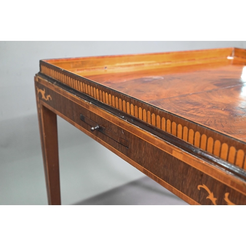 947 - A Sheraton period inlaid tray top satinwood silver table, with slide to each side, raised on square ... 