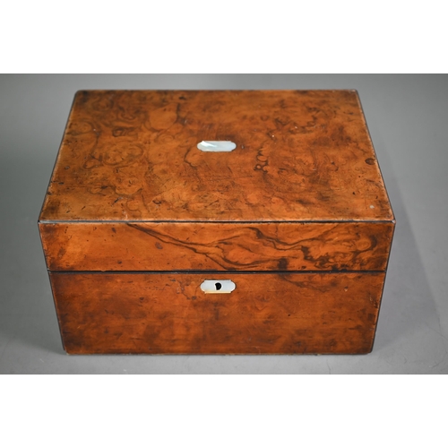 952 - A Victorian walnut jewellery box with part fitted interior, two glass bottles, drawer to base, 30 cm... 