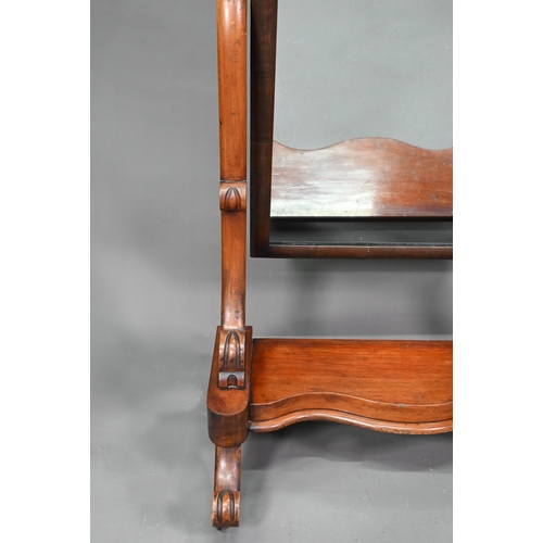 960 - A Victorian mahogany cheval mirror, the arched mirror plate raised above a platform base, on moulded... 