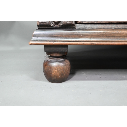 965 - A 17th century jointed oak cupboard, with two moulded panelled doors over a full width drawer, raise... 