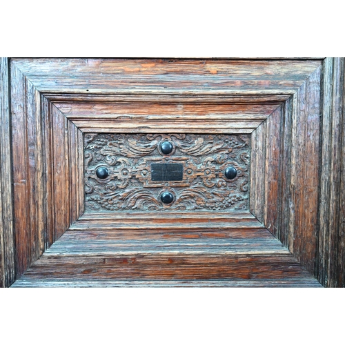 965 - A 17th century jointed oak cupboard, with two moulded panelled doors over a full width drawer, raise... 