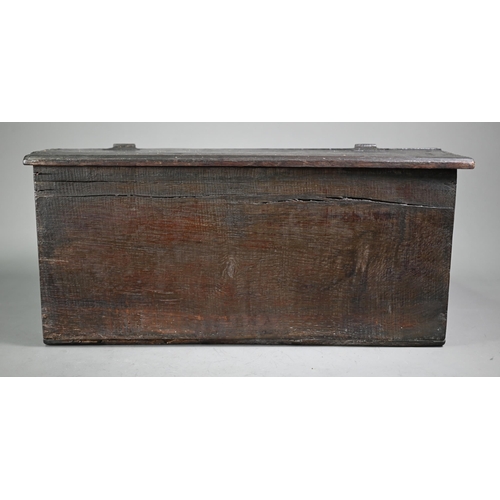 966 - A 17th century oak bible box, the iron hinged slope enclosing three drawers over a storage well, the... 