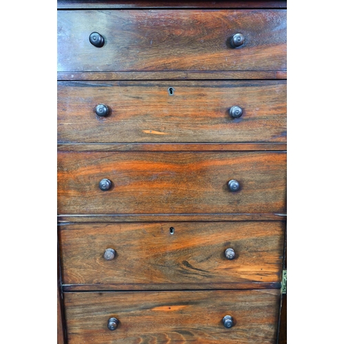 972 - A Victorian rosewood seven drawer Wellington chest, each with twin turned knobs, raised on a plinth ... 