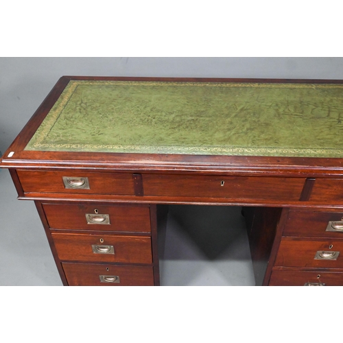 974 - A military mahogany twin pedestal campaign desk by 'Arthur Foley & Son, Salisbury, 1892', the gr... 