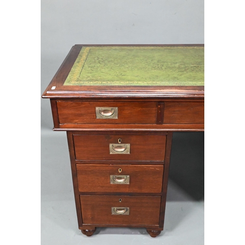 974 - A military mahogany twin pedestal campaign desk by 'Arthur Foley & Son, Salisbury, 1892', the gr... 