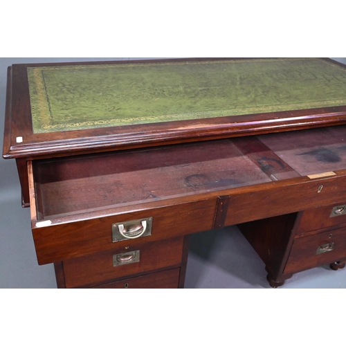 974 - A military mahogany twin pedestal campaign desk by 'Arthur Foley & Son, Salisbury, 1892', the gr... 