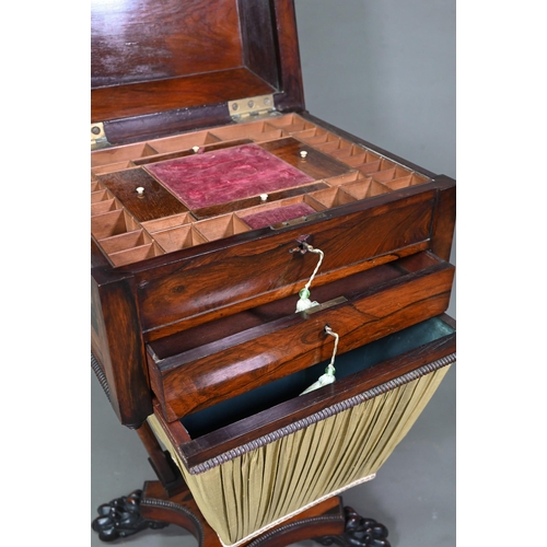 976 - A Regency rosewood work table, the hinged top enclosing a multi-division interior over a drawer and ... 