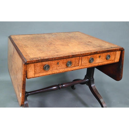 978 - A Regency cross-banded burr walnut sofa table, with two frieze drawers opposing dummy drawer fronts,... 