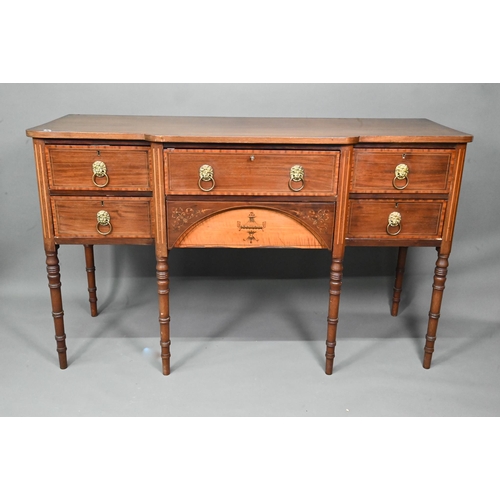 985 - A late 19th century Sheraton design mahogany breakfront sideboard, with an arrangement of six drawer... 