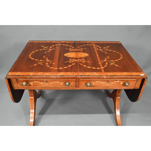 989 - A Sheraton inlaid satinwood sofa table, the drop end top with ribbon bow design over two frieze draw... 