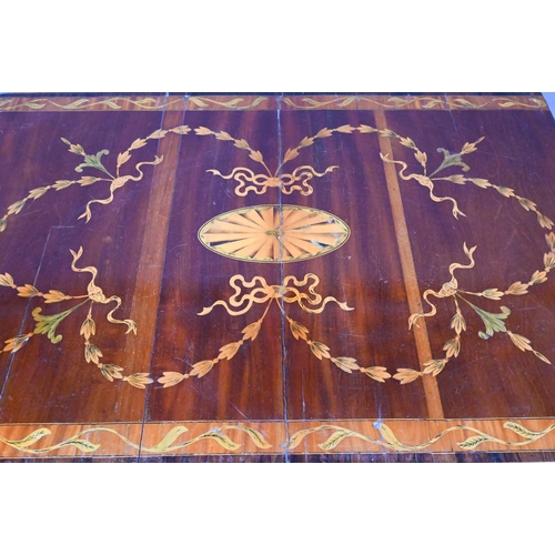 989 - A Sheraton inlaid satinwood sofa table, the drop end top with ribbon bow design over two frieze draw... 