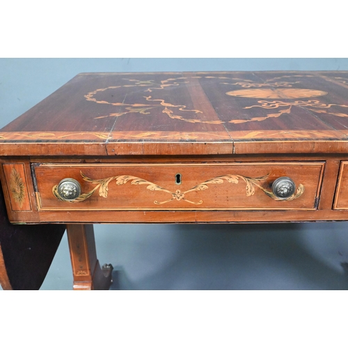 989 - A Sheraton inlaid satinwood sofa table, the drop end top with ribbon bow design over two frieze draw... 