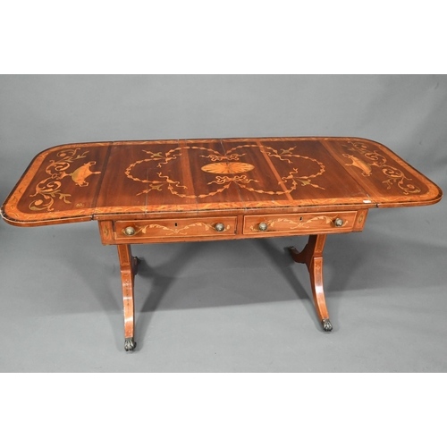 989 - A Sheraton inlaid satinwood sofa table, the drop end top with ribbon bow design over two frieze draw... 