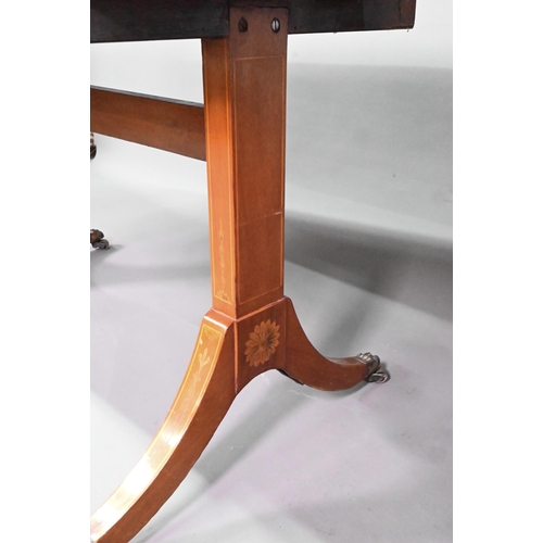 989 - A Sheraton inlaid satinwood sofa table, the drop end top with ribbon bow design over two frieze draw... 